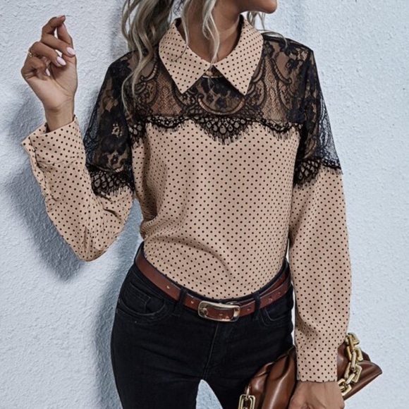 Black white polka dot floral sheer lace blouse - Picture 2 of 10